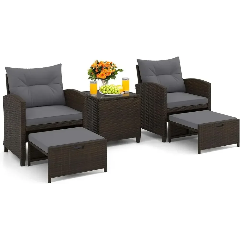 Rattan Lounge Set - 5-Piece Patio Furniture Set with Ottomans,