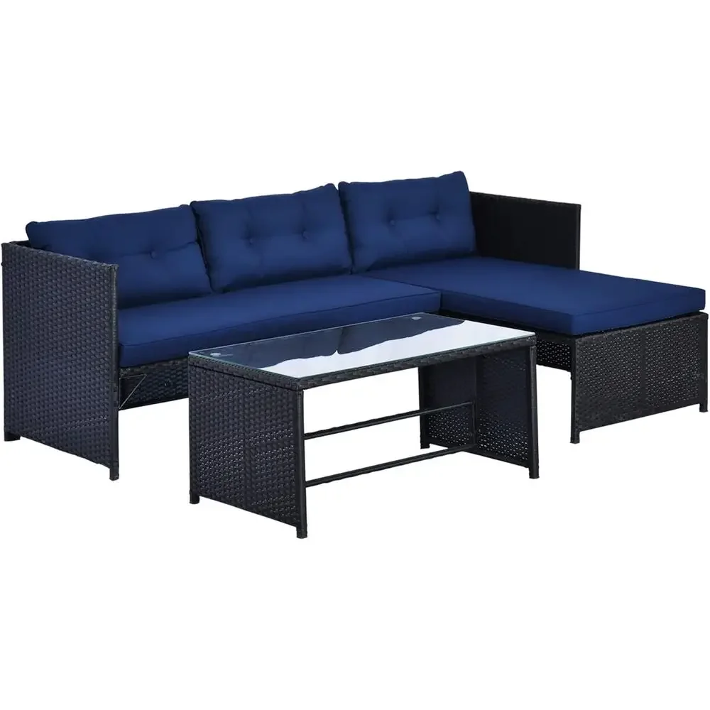 Rattan Lounge Set - Blue L-Shaped Rattan Outdoor Sofa Set