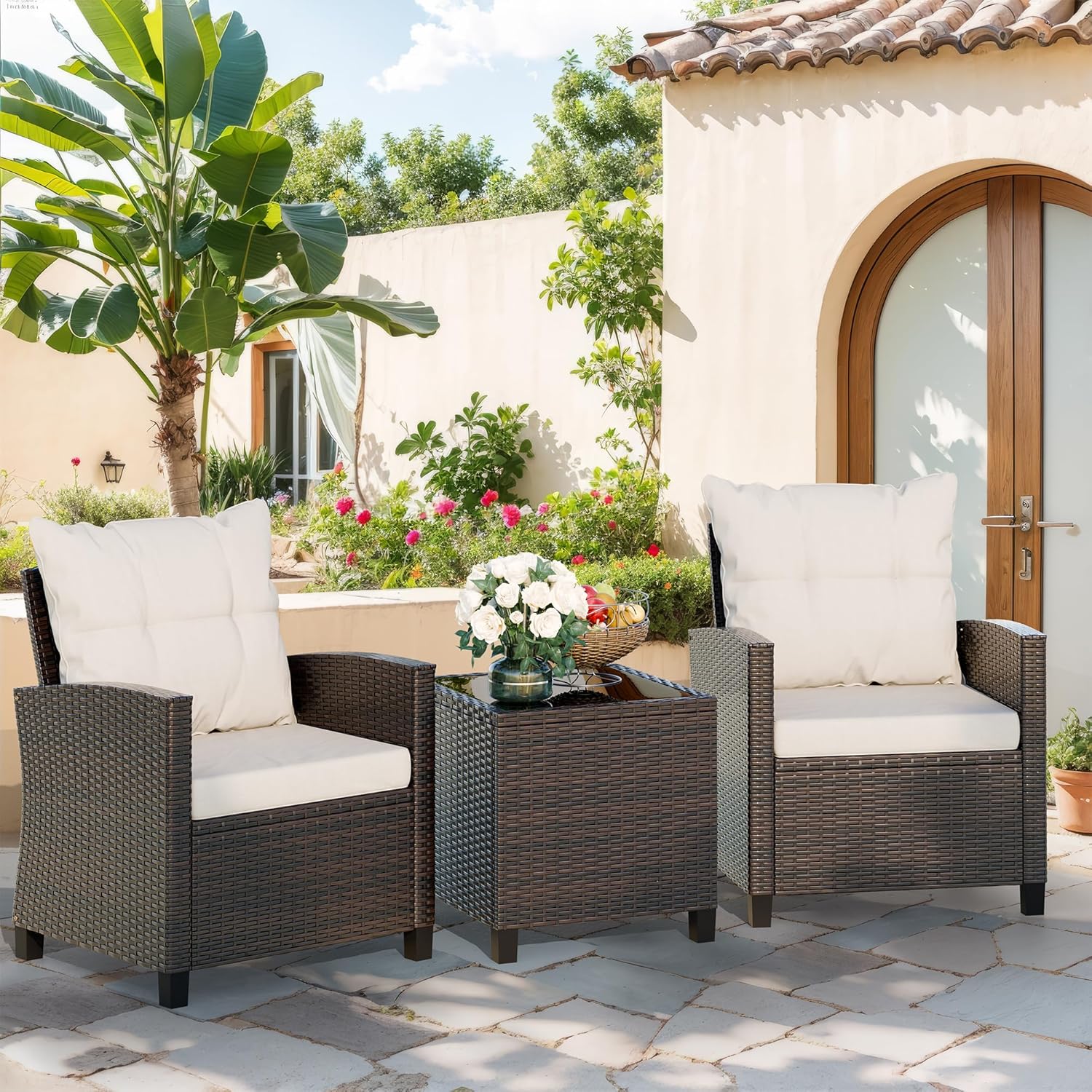 Beige compact 3-piece rattan w - Outdoor Furniture Balcony ulasan dan harga