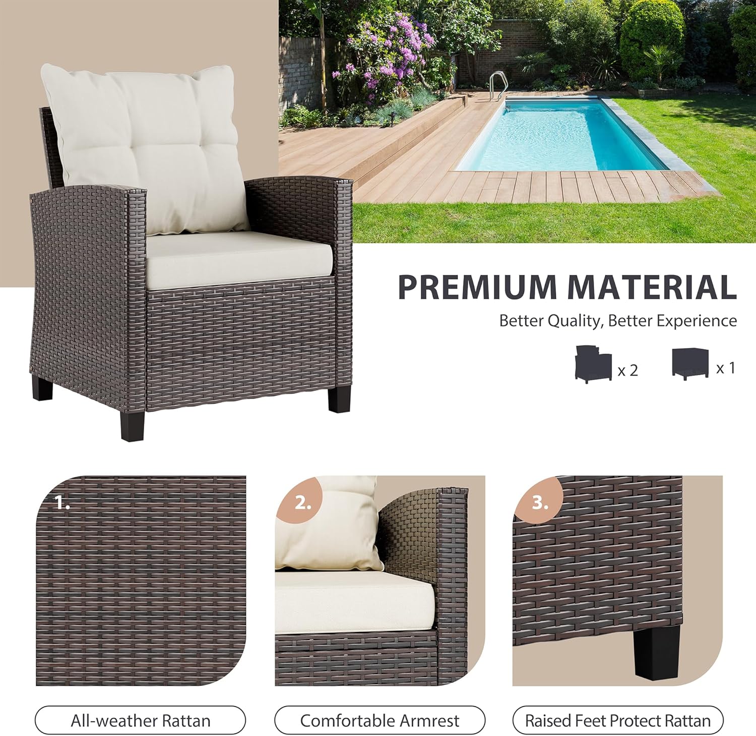 Beige compact 3-piece rattan w - Outdoor Furniture Balcony ulasan dan harga