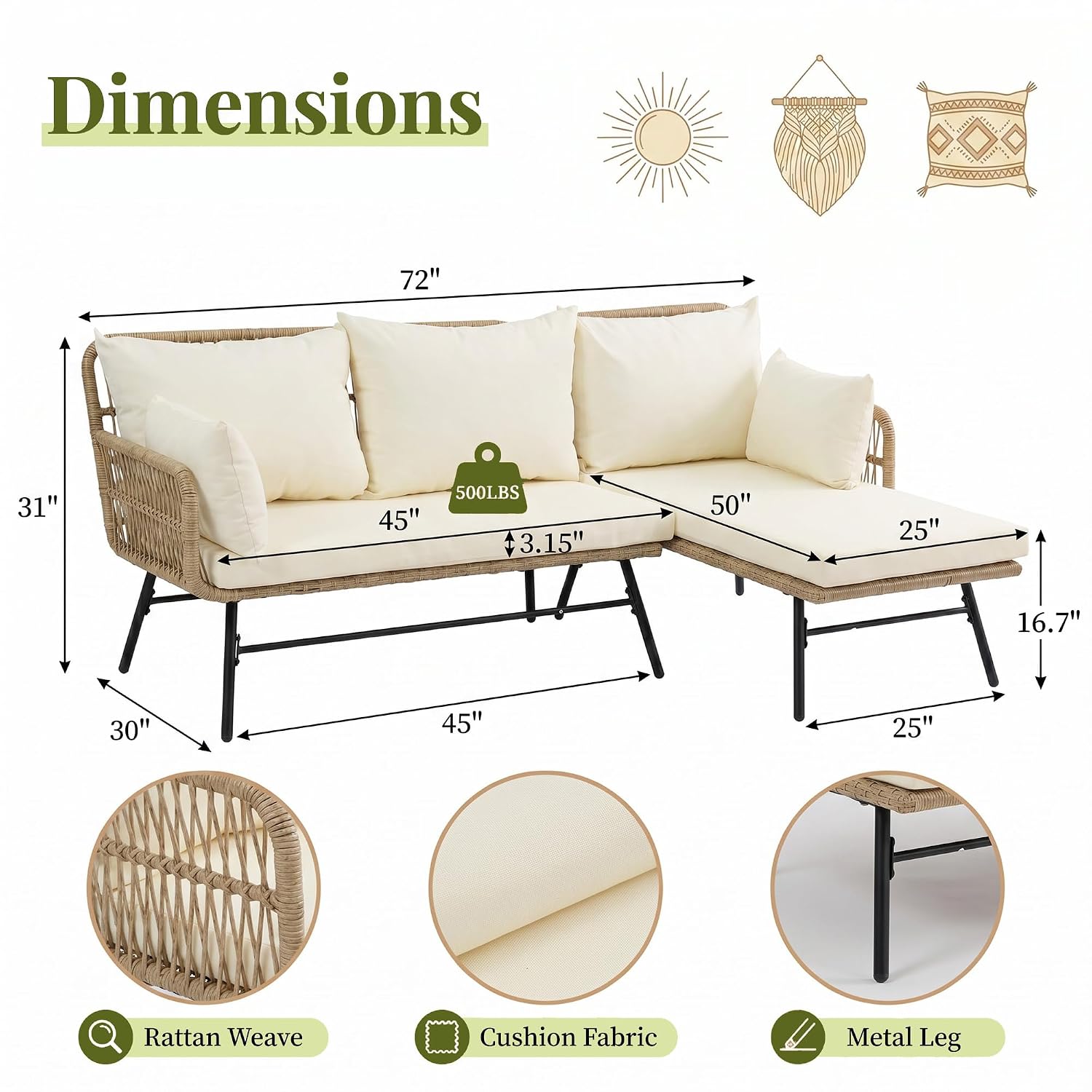 3 Pieces Boho Patio Furniture  - Outdoor Furniture L Shape ulasan dan harga