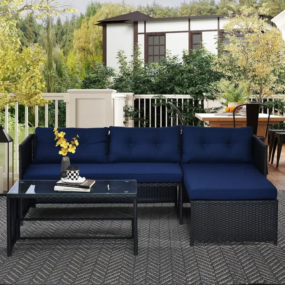 Blue L-Shaped Rattan Outdoor S - Rattan Lounge Set ulasan dan harga