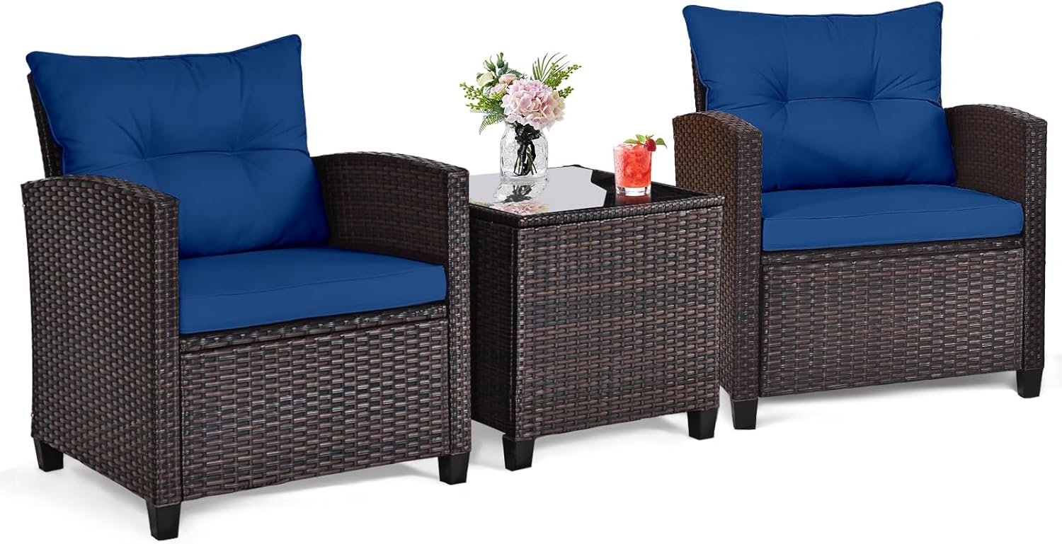 Navy blue rattan wicker 3-piec - Outdoor Furniture Balcony ulasan dan harga