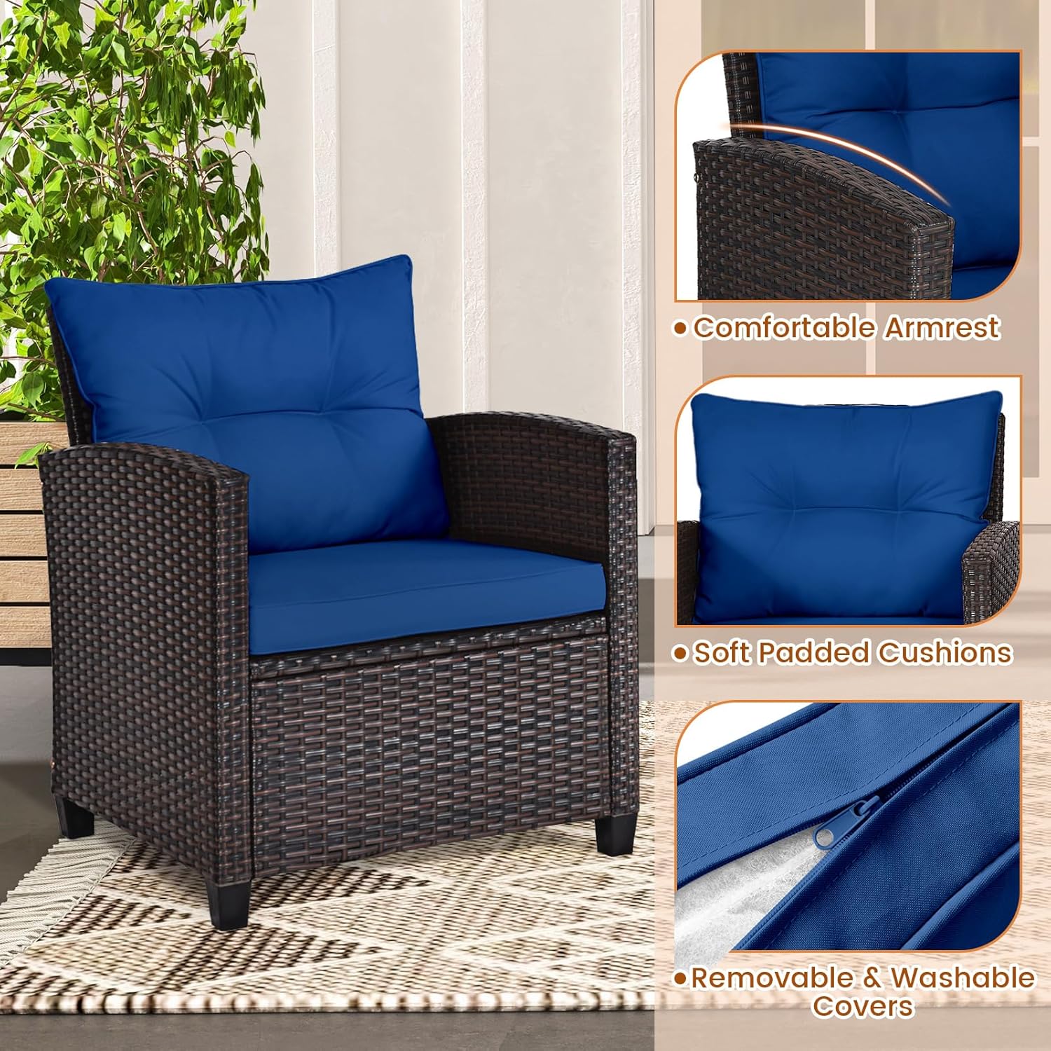 Navy blue rattan wicker 3-piec - Outdoor Furniture Balcony ulasan dan harga
