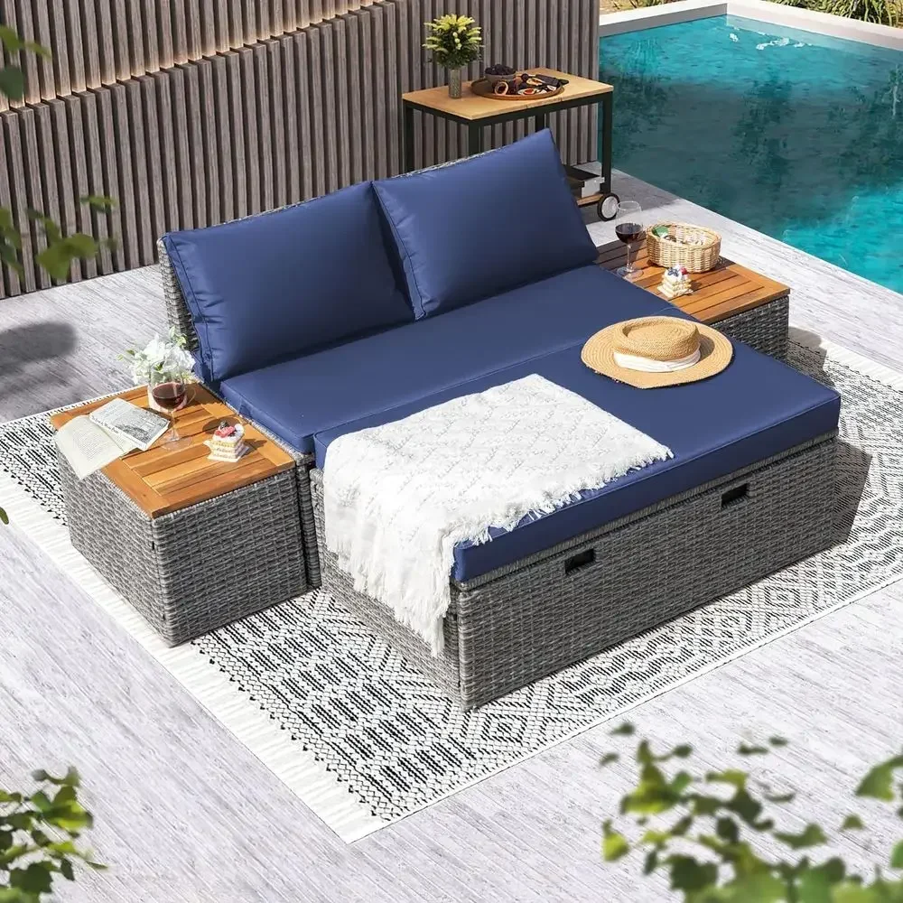 Navy Blue Outdoor Patio Daybed - Rattan Lounge Set ulasan dan harga